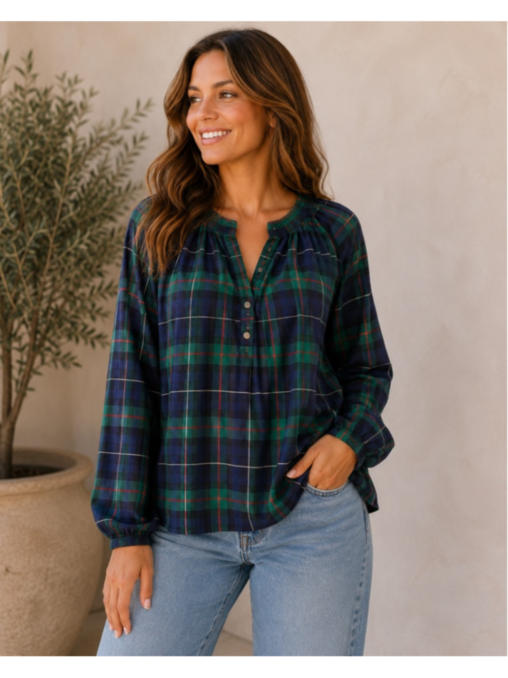 Women's Crown & Ivy Plaid Blouse S Green Blue Summer